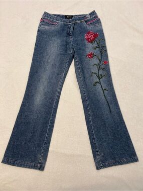 Vintage 2000s Floral Embroidered Wide Flared Jeans